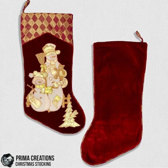 VINTAGE CHRISTMAS STOCKING SNOWMAN PARENT & CHILD IN RED VELVET & GOLD APPLIQUÉ - Picture 3 of 15